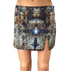 Tiger Mist Multicolor Damask Print Side Zip Slit Straight Mini Skirt Size S